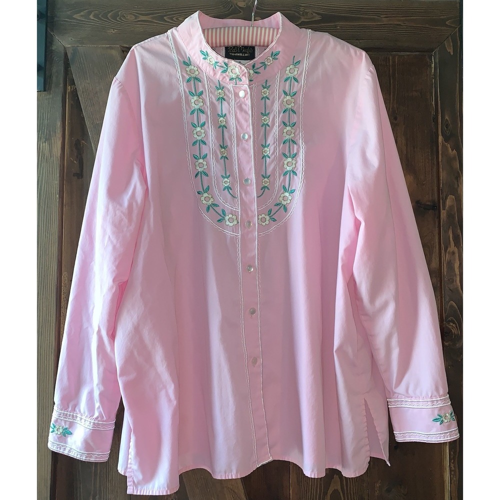 Bob Mackie Wearable Art Pink Embroidered Floral Long Sleeve Button Up Shirt XL